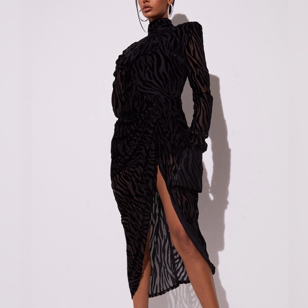 Black Zebra Devore High Neck Draped Midi Dress